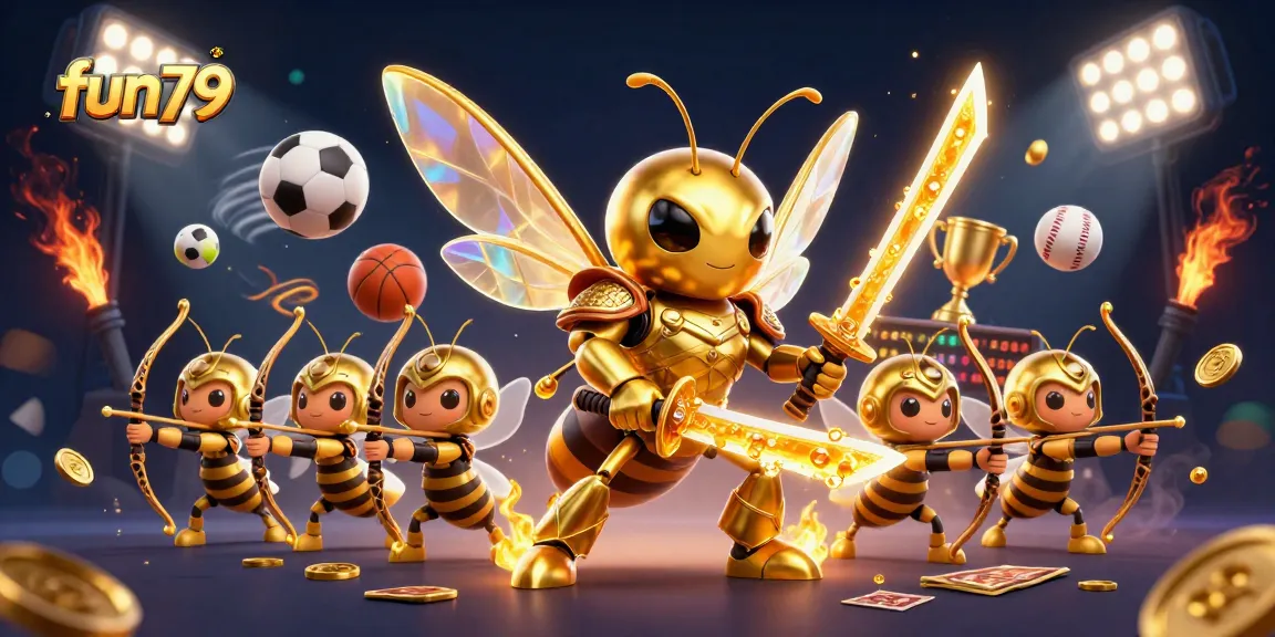 Experience fun79's thrilling casino action with golden hornet, sports balls, and vibrant colors.