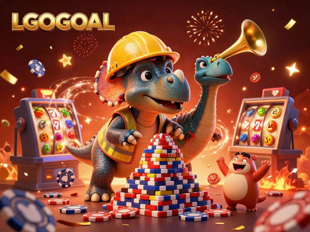 Experience thrilling gaming with LGOGOAL in a vibrant 3D casino scene featuring joyful characters and exciting elements.