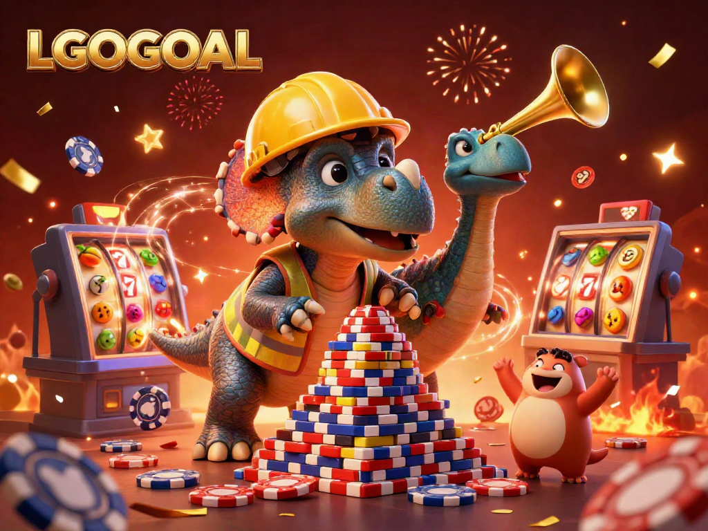 Experience thrilling gaming with LGOGOAL in a vibrant 3D casino scene featuring joyful characters and exciting elements.