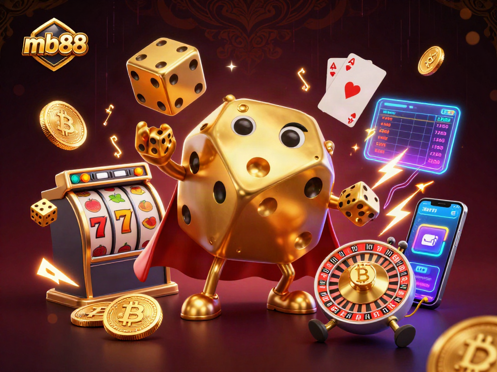 Engage with mb88 in this dynamic casino-themed illustration showcasing animated characters and vibrant game elements.