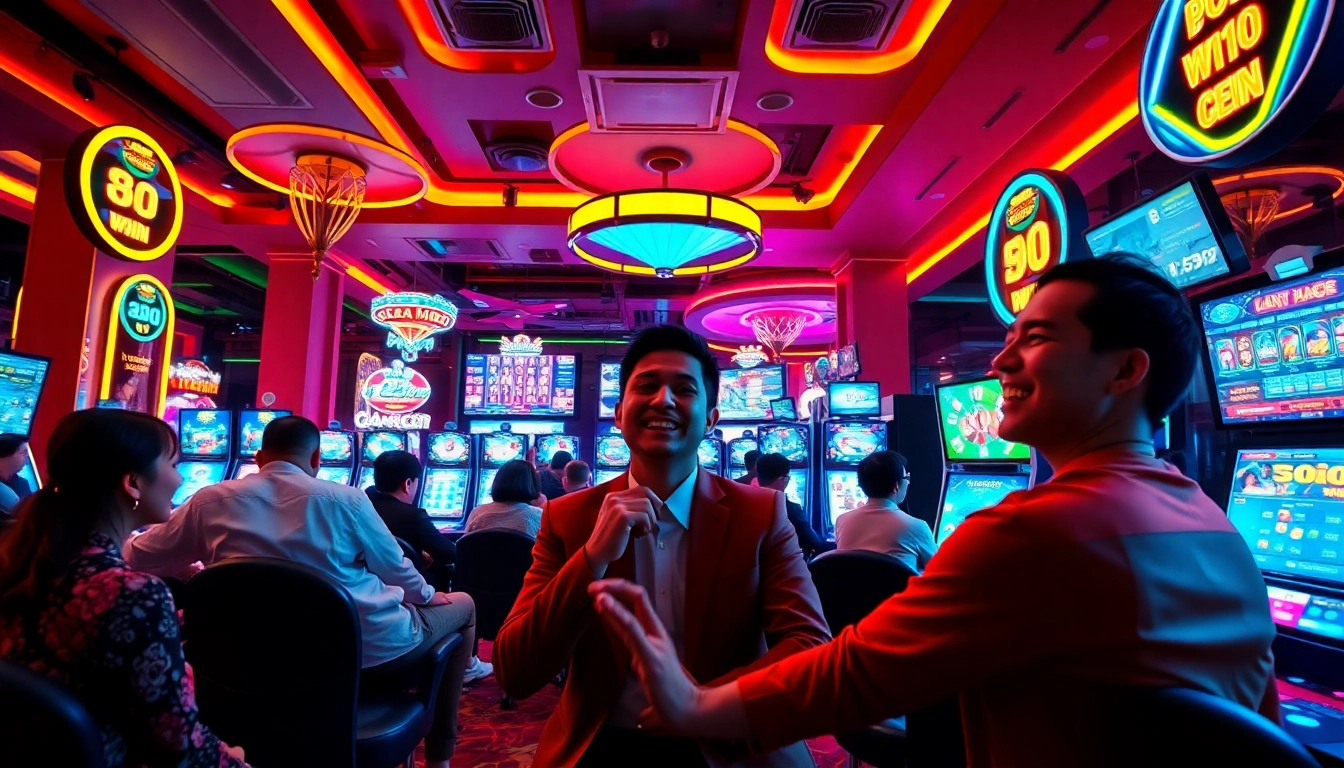 Exciting casino experience at 98win with players enjoying poker and slots.