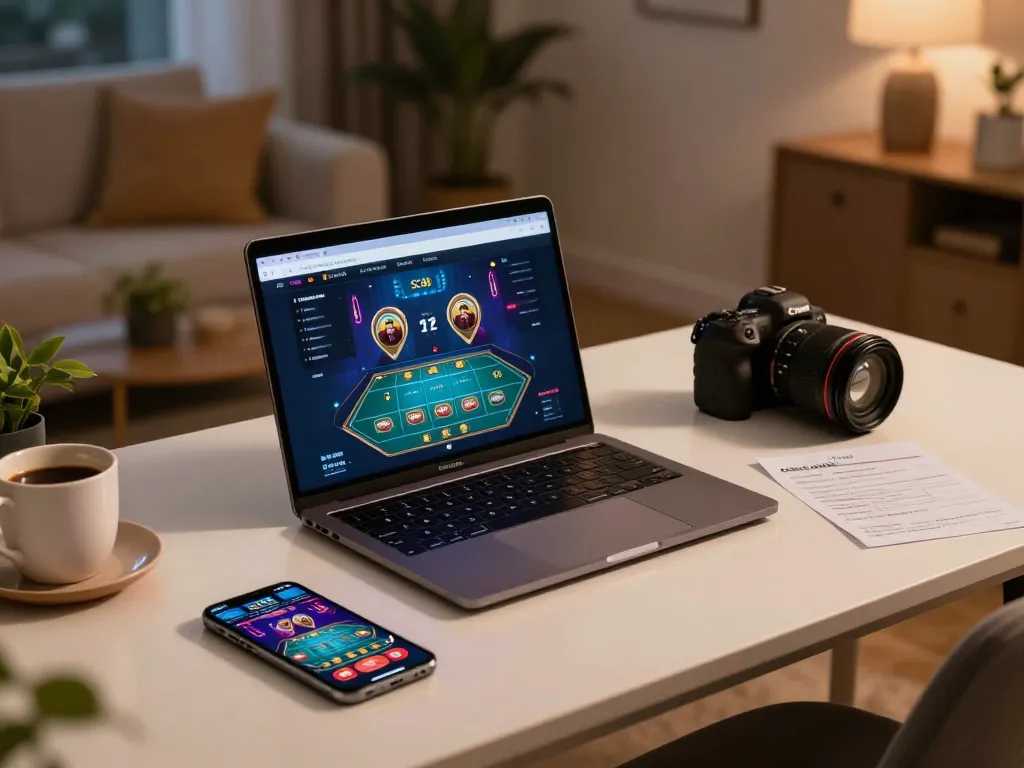 Engaging in online gaming with SC88, showcasing a stylish laptop and strategic notes for better odds.