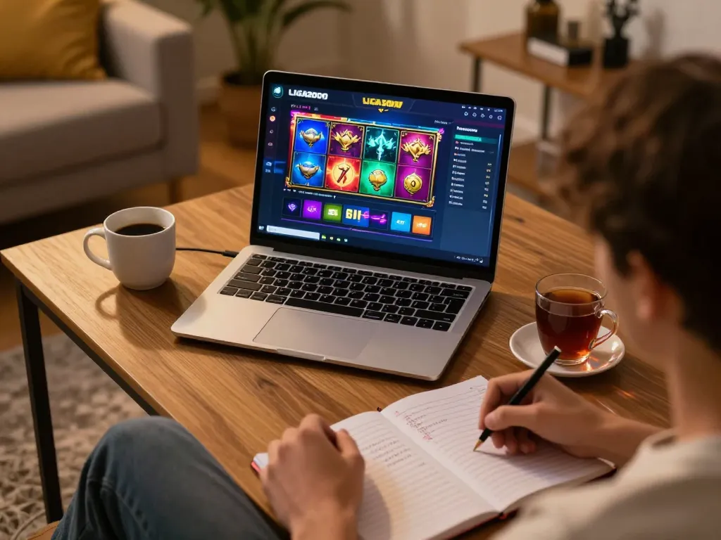 LIGA2000 online gaming setup showcases engaging gameplay with vibrant slot visuals and strategy notes.