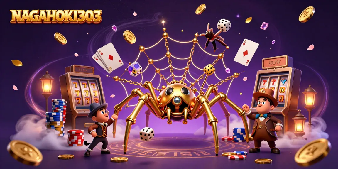 NAGAHOKI303 showcases an intricate steampunk spider and gaming elements in a vibrant casino scene.