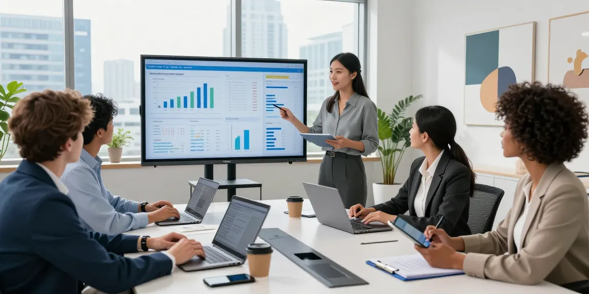 Tim profesional bekerja sama dalam ruang kantor modern dengan teknologi SGA33, menunjukkan suasana kolaboratif yang dinamis.