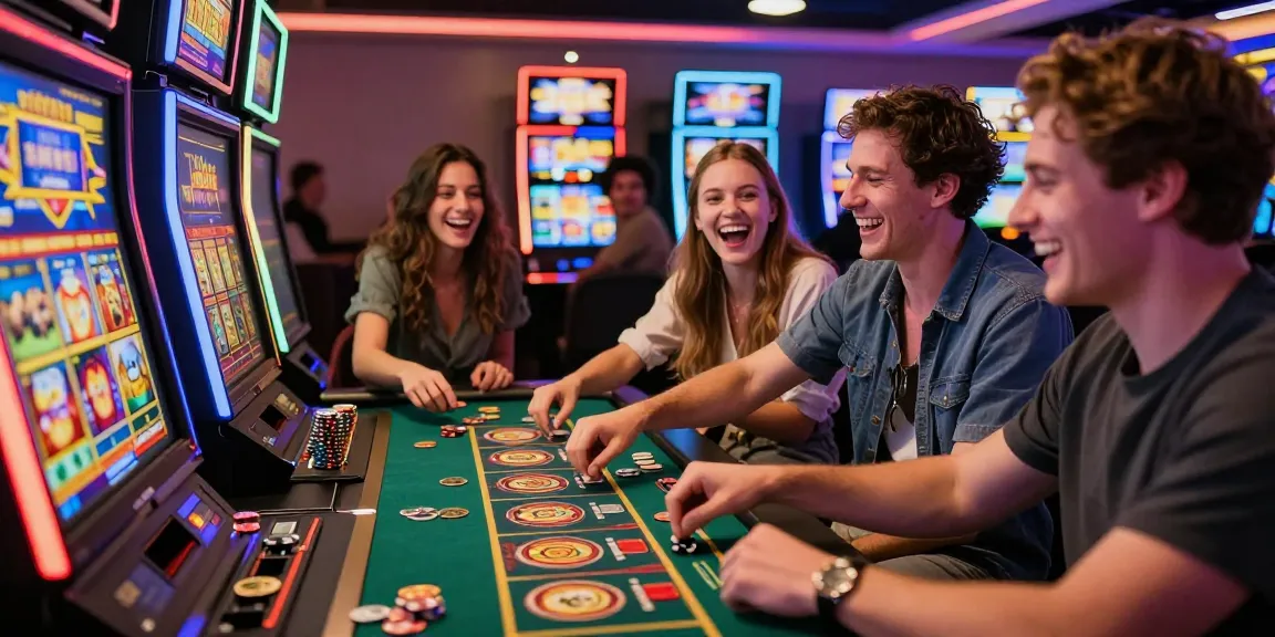 RTP slot online dengan teman-teman menikmati permainan mesin slot, suasana kasino yang ceria dan berwarna-warni.