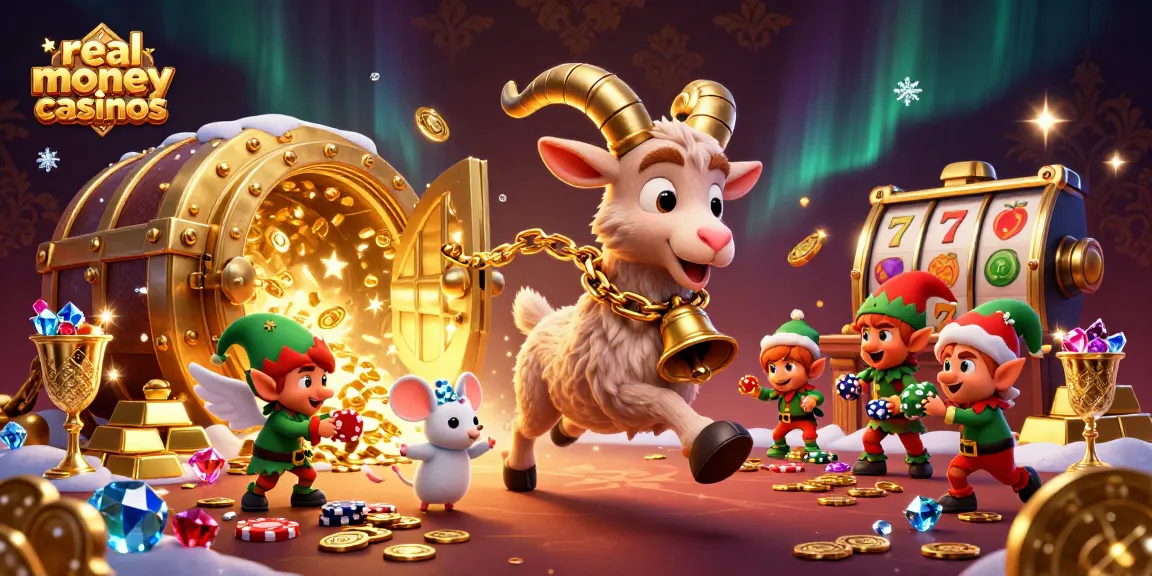 Engage with thrilling real money casinos in a dynamic 3D casino scene filled with festive characters and treasures.
