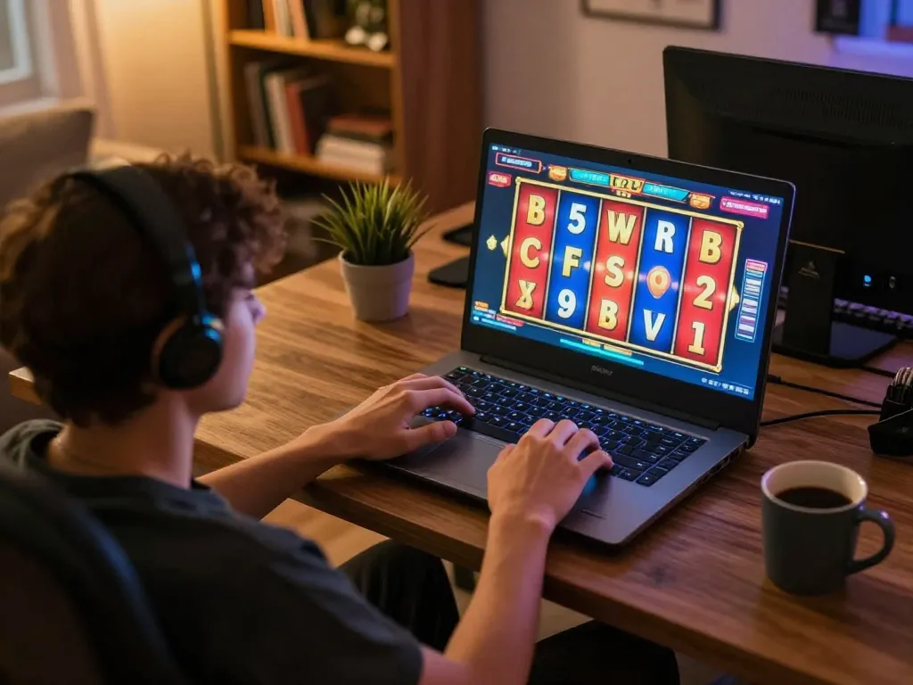 NAGA2000 player enjoying an exciting slot game on laptop in cozy home setup.