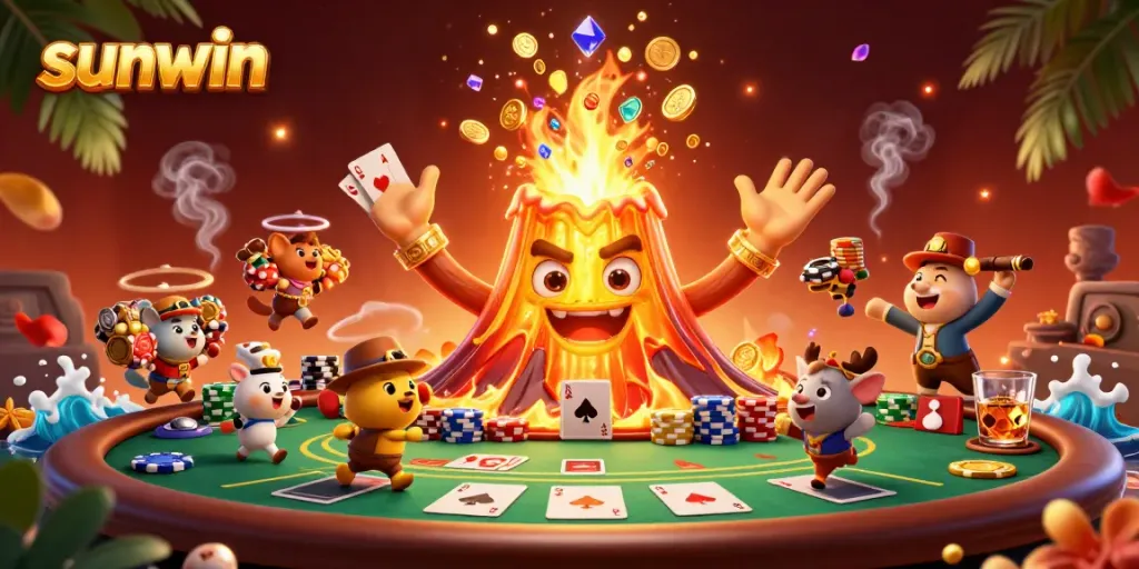 Experience the thrill of winning at sunwin with a vibrant 3D depiction of a golden volcano erupting treasures and poker excitement.