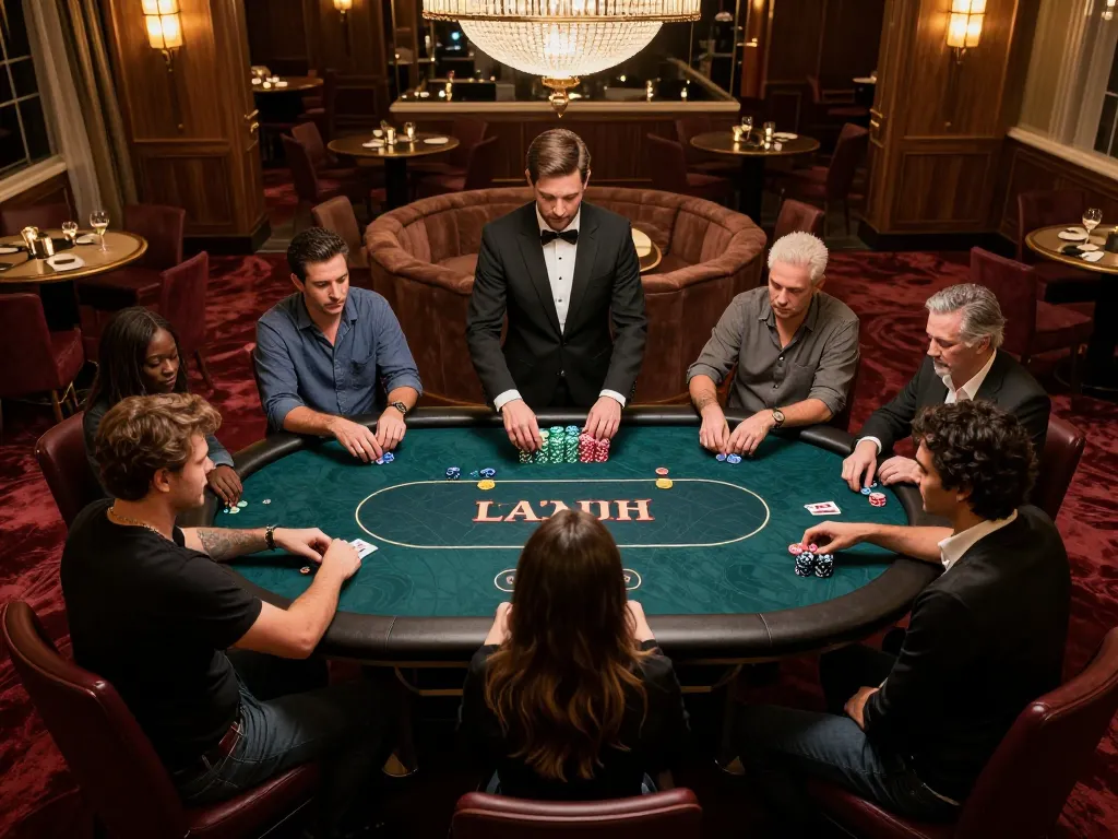 Players engaging in strategic poker game at LGOSUPER casino, showcasing intense action and professional dealer.