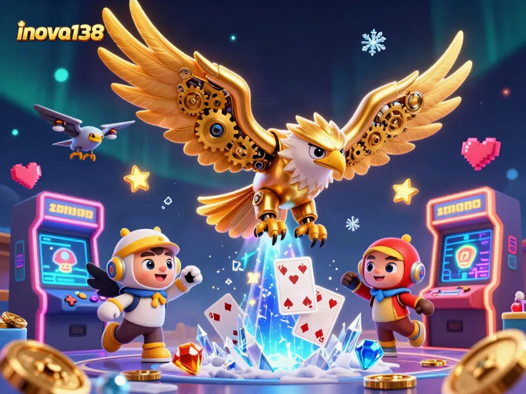 Experience the excitement of inova138 with a cybernetic eagle diving through virtual cards in this vibrant casino illustration.