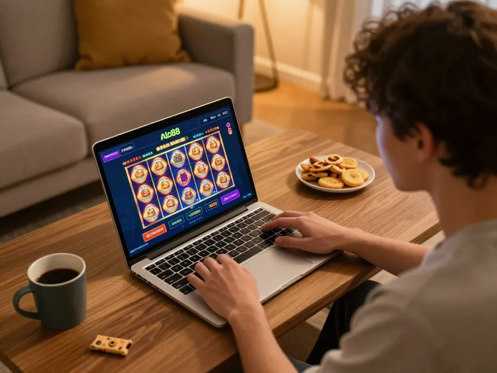 Player enjoying the Alo88 eu com online slot game in a cozy home setting
