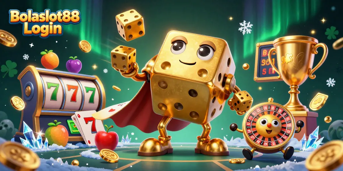 Bolaslot88 Login showcases a lively gaming scene with golden dice and vibrant slot elements, promoting exciting casino gameplay.