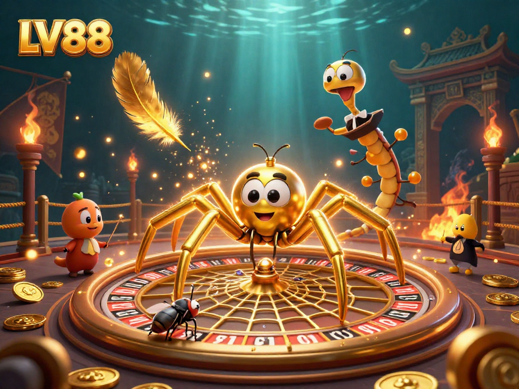 LV88 casino illustration featuring a golden spider managing a roulette wheel web while bets are placed.