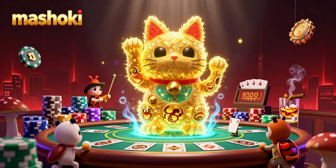 Engage in the thrilling mashoki gambling world with a vibrant illustration of casino elements and lucky charms.