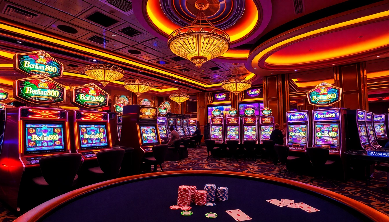 Experience the thrill of Berlian888 as players engage at glamorous slot machines in a vibrant casino setting.
