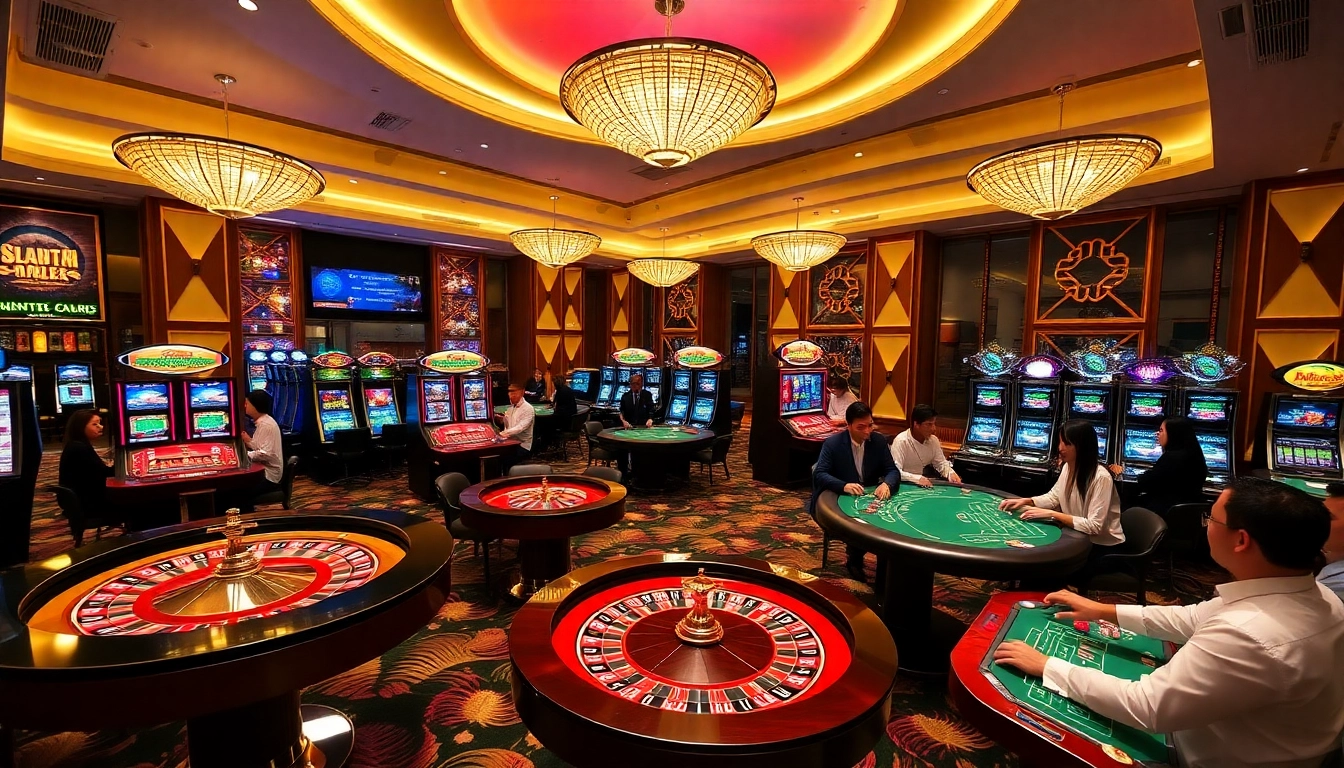 Kaisar888 gaming room atmosphere with players enjoying roulette and poker, reflecting luxury and excitement.