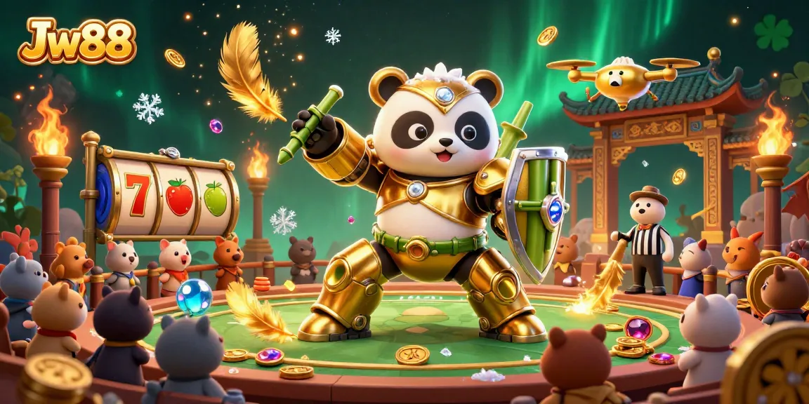 Engage in immersive gameplay at Jw88, showcasing 3D cartoon characters with slots and golden arcade elements.