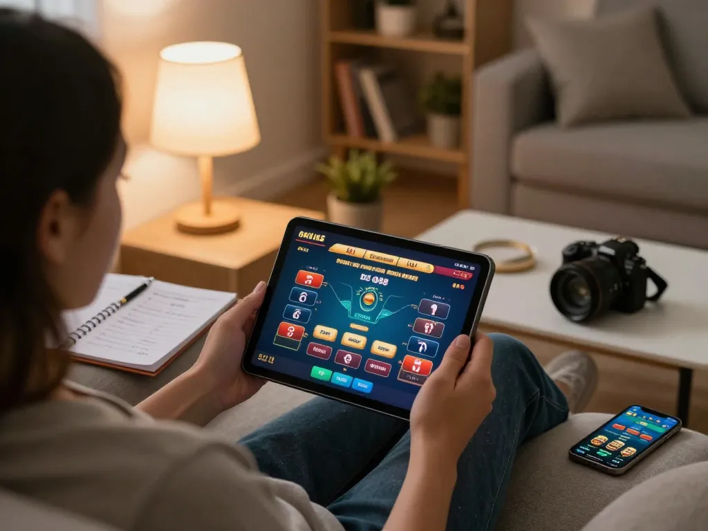 Engaging in online casino gameplay via SC88 app on tablet while tracking strategies in a cozy home