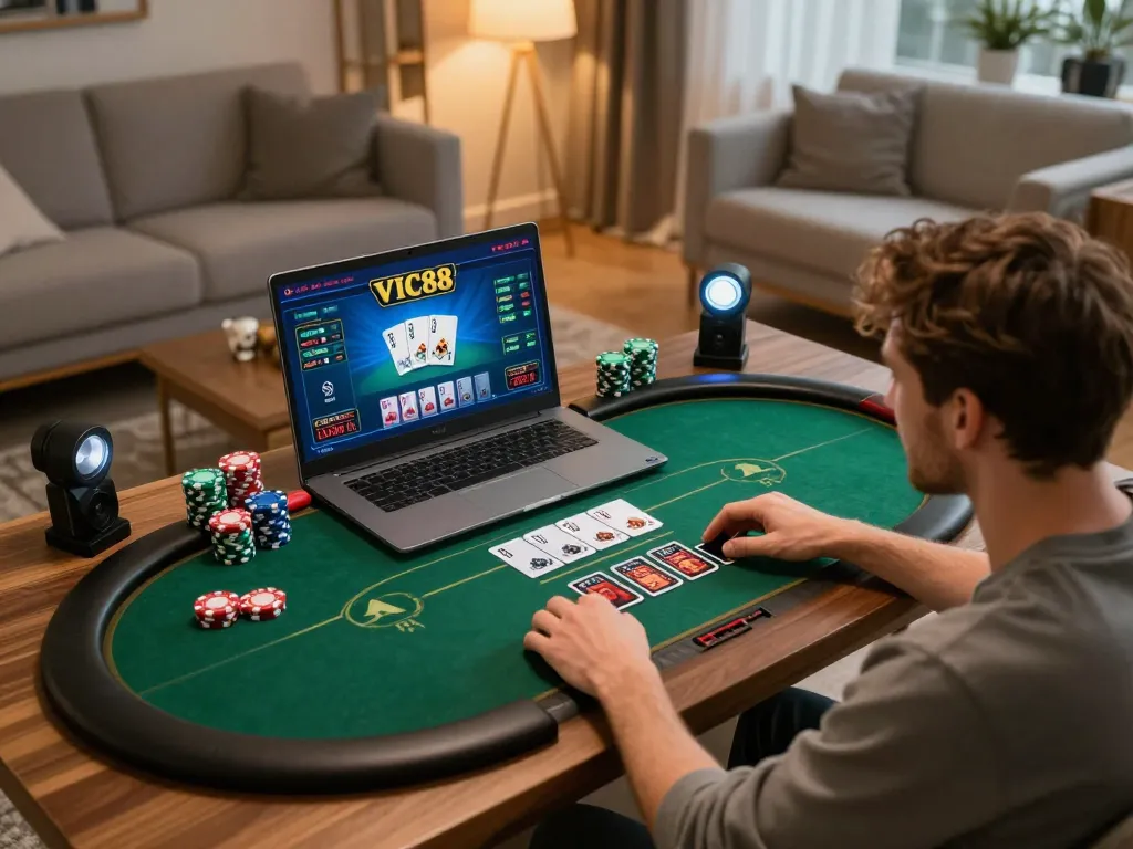 Player engaging in an exciting VIC88 poker game on a laptop at home, showcasing a responsible gaming environment.