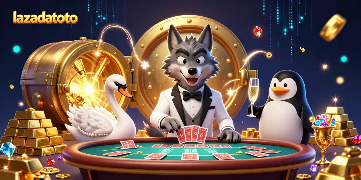 Gambarkan permainan baccarat dengan lazadatoto, seru dengan kartu dan champagne.