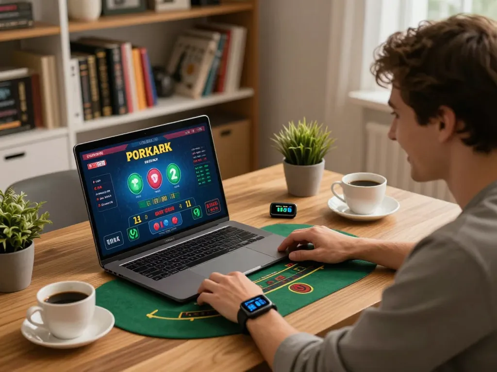 Engaging in live blackjack at a cozy home setup, promoting nhà cái vua 88 strategies for winning.