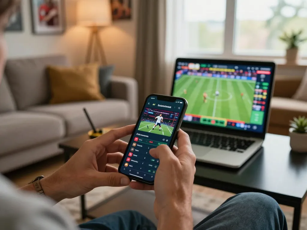 The player on ledaonline bets on sports using a smartphone in a cozy home setting, highlighting the excitement of online gambling