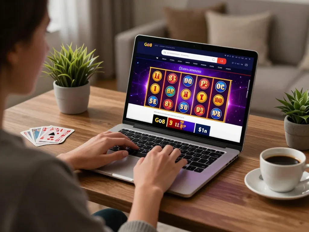 Engaging moments on Go8 casino app displayed on laptop during strategic online gaming session.