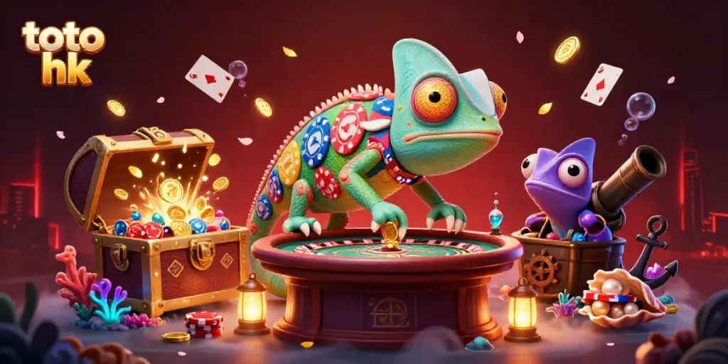 Menghadirkan "toto hk", pemilik kasino chameleon 3D besar yang mengawasi permainan sambil menangkap koin emas, penuh detail menarik.