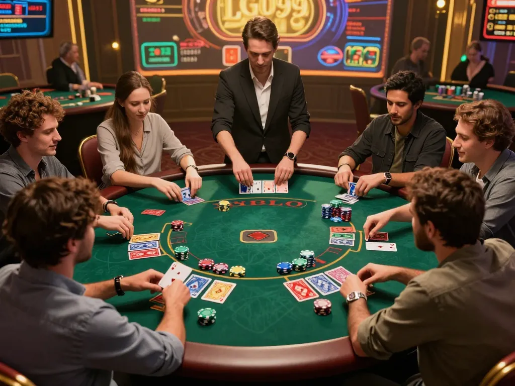 LGO99 players strategizing during an intense online blackjack game with engaging digital backdrop.
