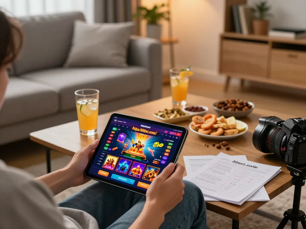 Engaging gaming scene with a user on https://88bet.zone/ app on tablet at home, showcasing relaxed entertainment.