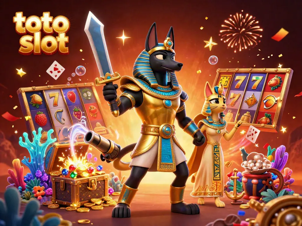 Experience thrilling action in the toto slot universe with a vibrant scene showcasing Anubis and Bastet, casino elements, and magical energy.