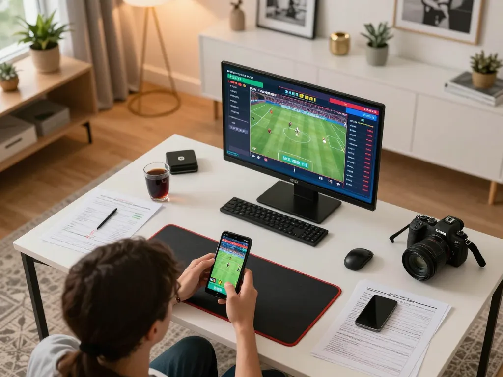 Go99 sports betting setup with player engaged in mobile app, surrounded by betting notes and screens.