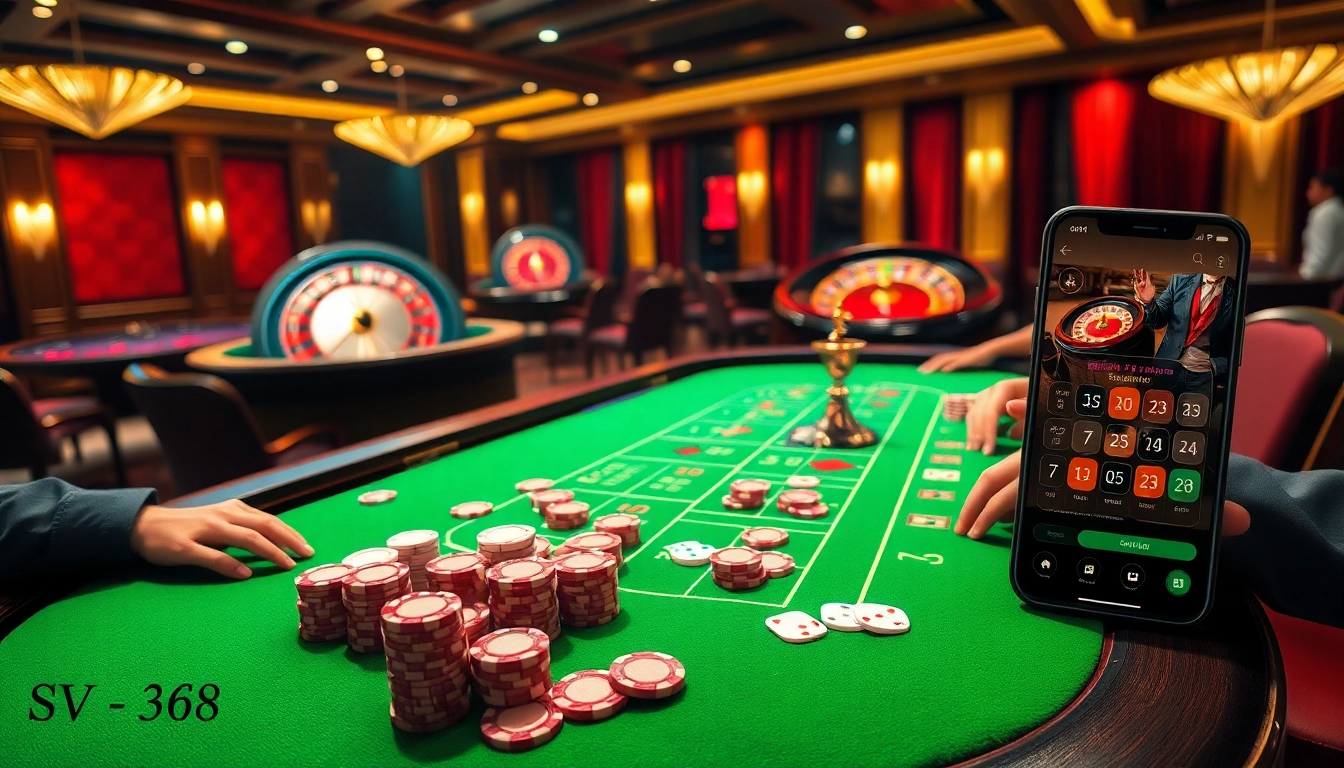 Experience the thrill of SV 368 with an elegant casino scene showcasing poker, roulette, and mobile betting.