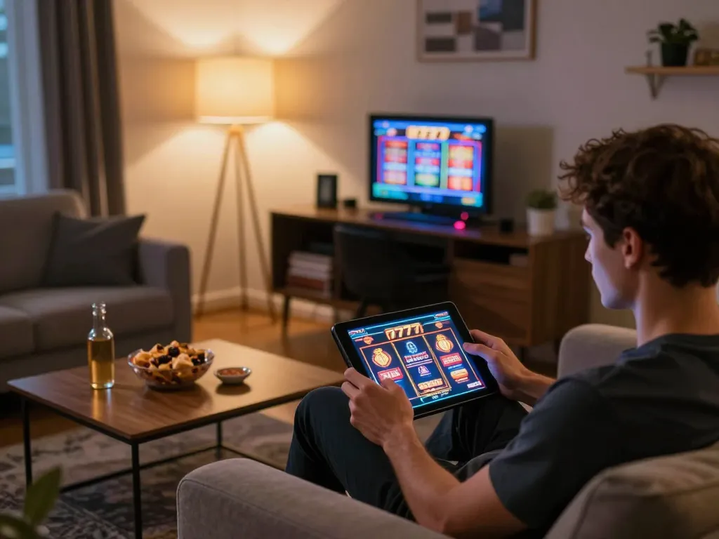 Playing slot777 on a tablet in a cozy home setting, emphasizing online gaming strategy.
