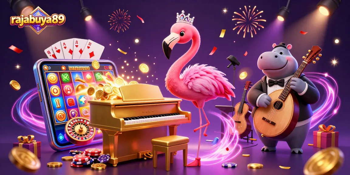 Experience rajabuya89's vibrant online casino world with a glamorous flamingo singer and hippo bassist.