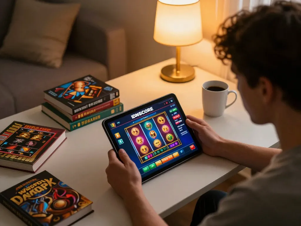 IDNSCORE player engaged in mobile gaming strategy at cozy home office setup.
