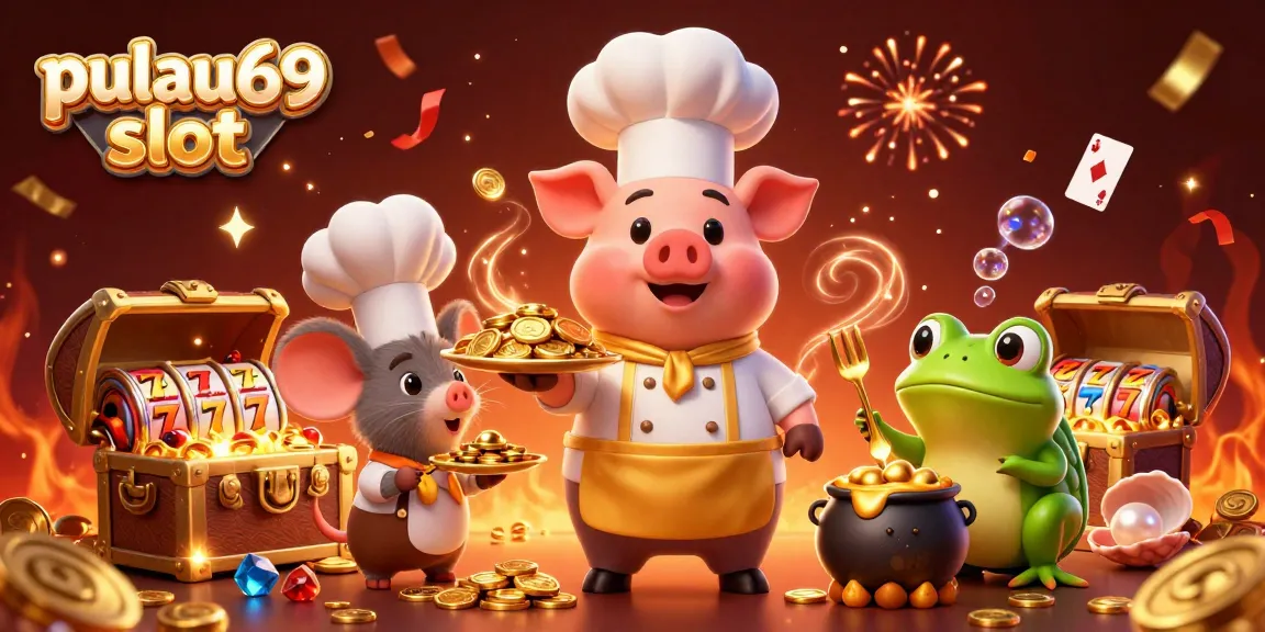 Engage with pulau69 slot as a cartoon chef pig serves gold coins, surrounded by vibrant casino elements.