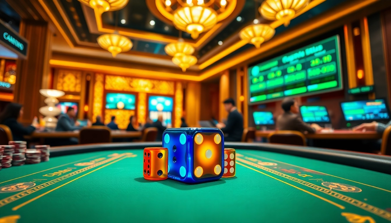 Tài xỉu md5 game in a luxurious casino setting with colorful dice and electronic interfaces.