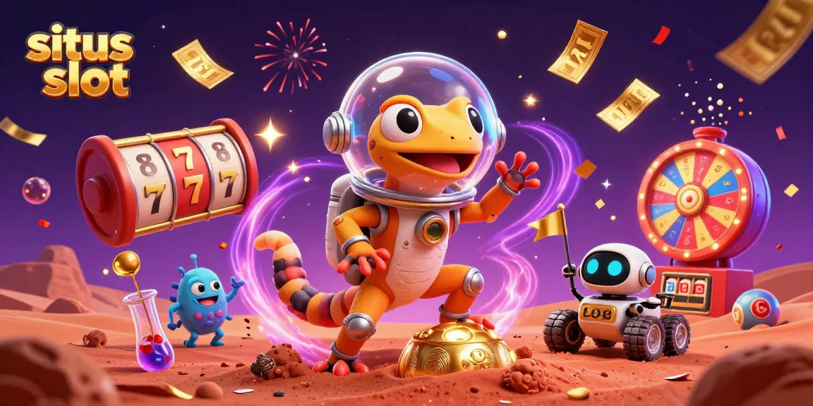 Engage with situs slot excitement as a Martian gecko discovers a golden casino in a vibrant dynamic atmosphere.