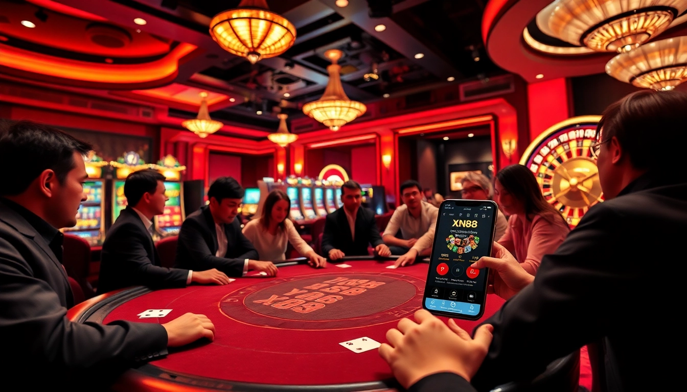 Excited players engaging in nạp tiền xn88 at a luxurious casino table, showcasing online gambling thrill.