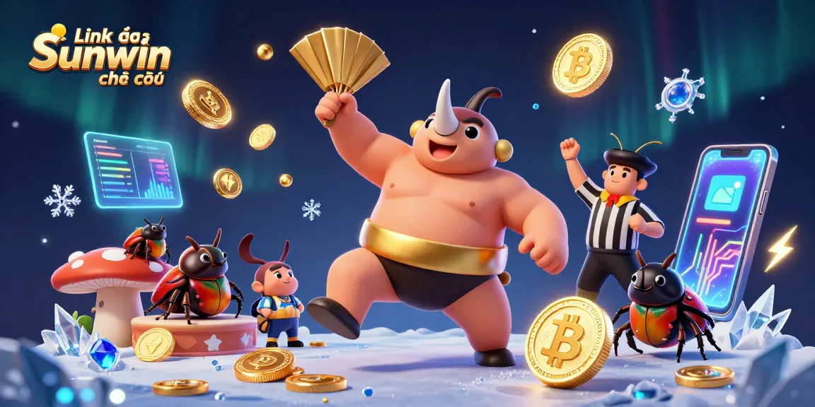 Engage with the vibrant world of Link vào Sunwin chính thức, featuring a beetle sumo champion amidst gold coins and crypto elements.