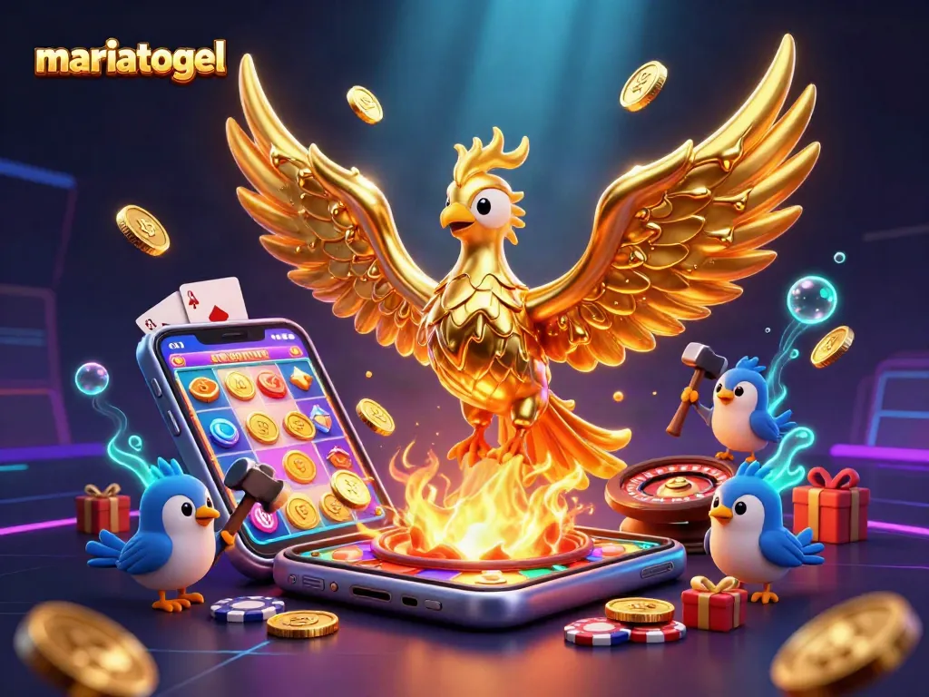 Experience the excitement of mariatogel as golden coins erupt from a spinning slot game, surrounded by casino elements.