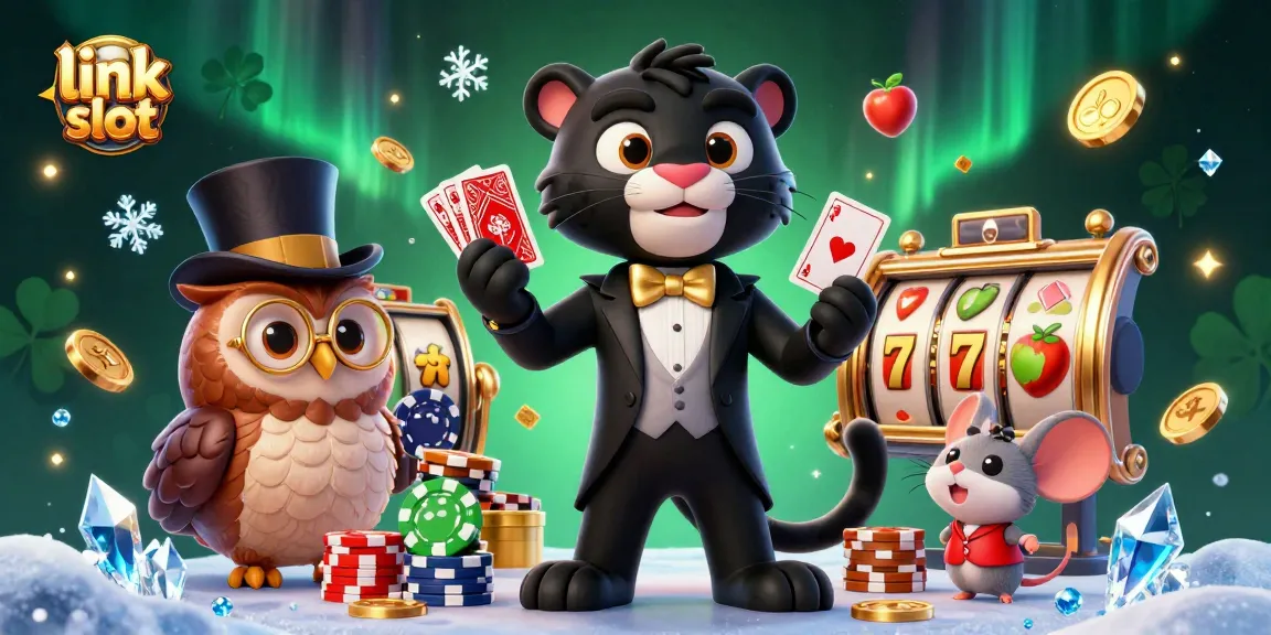 Engage with link slot action featuring vibrant characters dealing cards amid colorful casino elements.