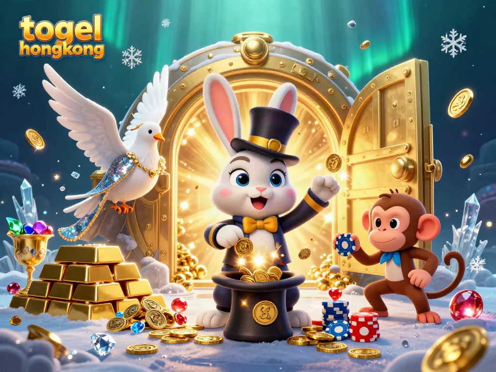Melihat keluaran togel hongkong dengan ilustrasi 3D yang menampilkan pesulap kelinci, burung merpati, dan monyet.