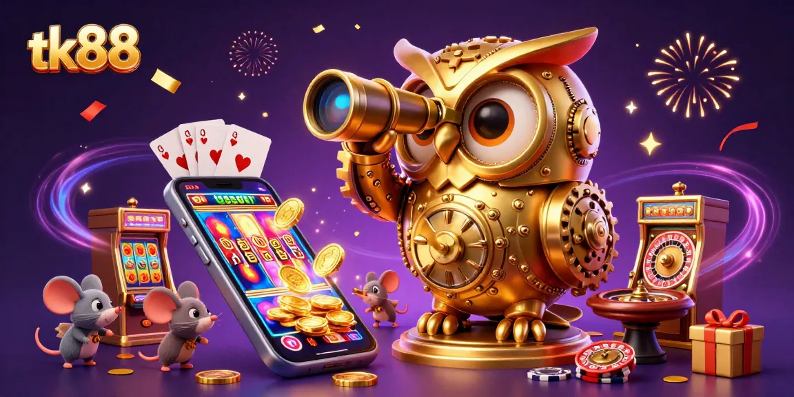 tk88 engaging players with vibrant slot machines and golden owl in a lively casino scene.