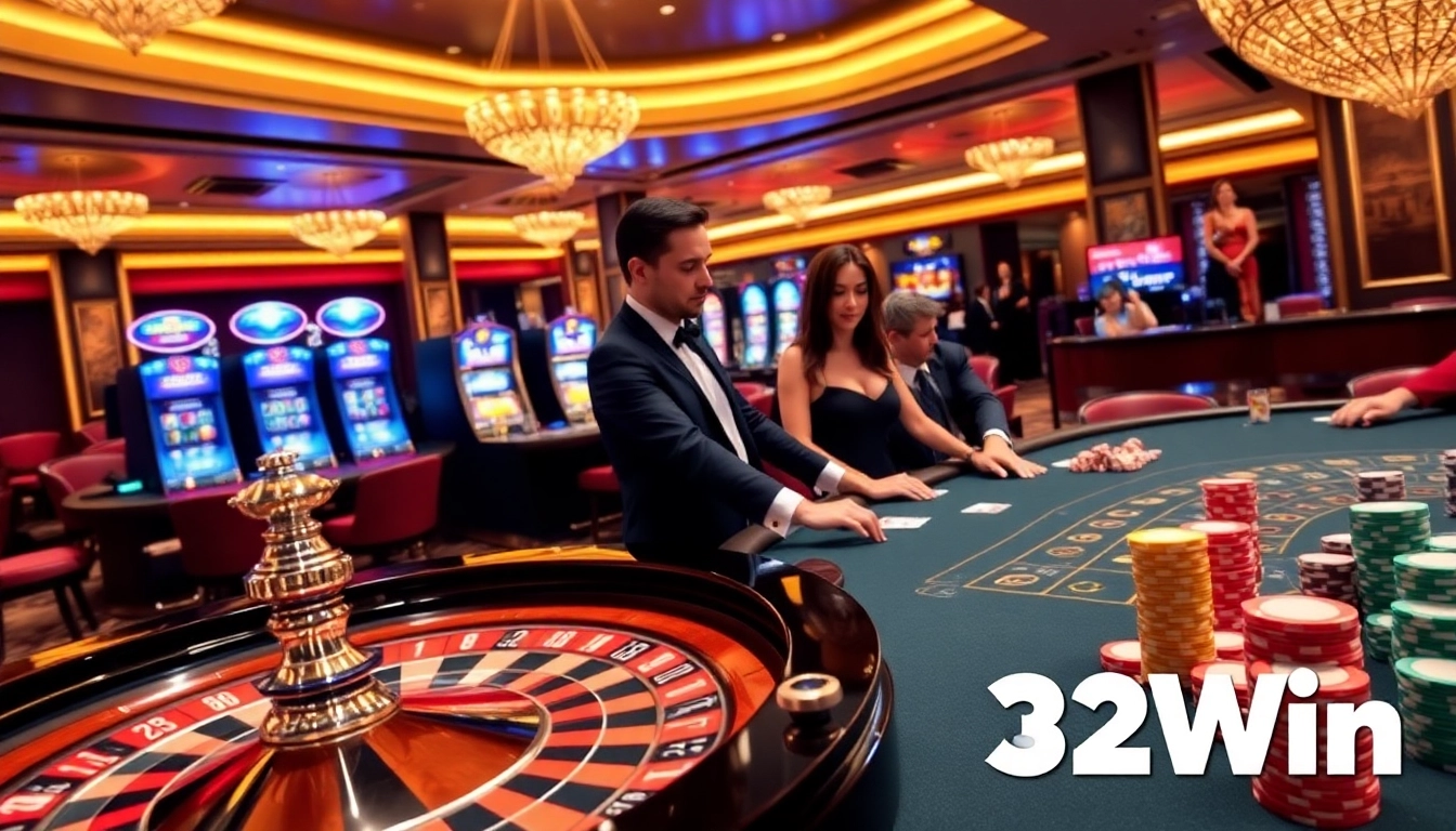 Experience the thrill of 32Win at a luxurious casino with poker tables and roulette excitement.