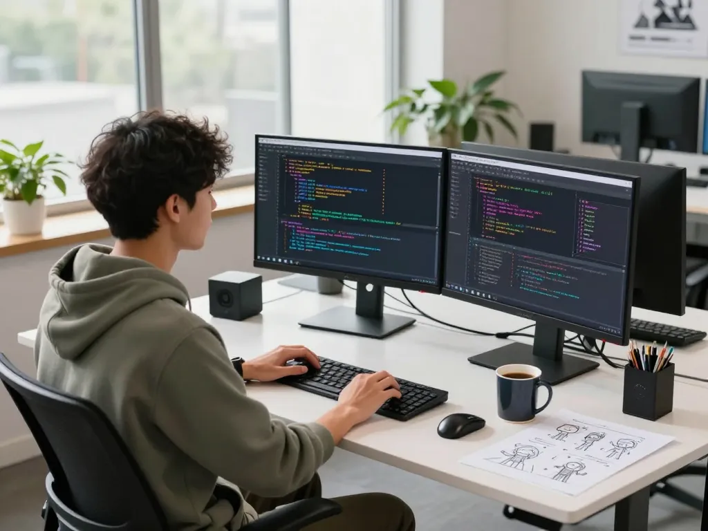 Dynamic workspace scene with a developer coding AI character interactions on dual monitors, showcasing crushonai technology.