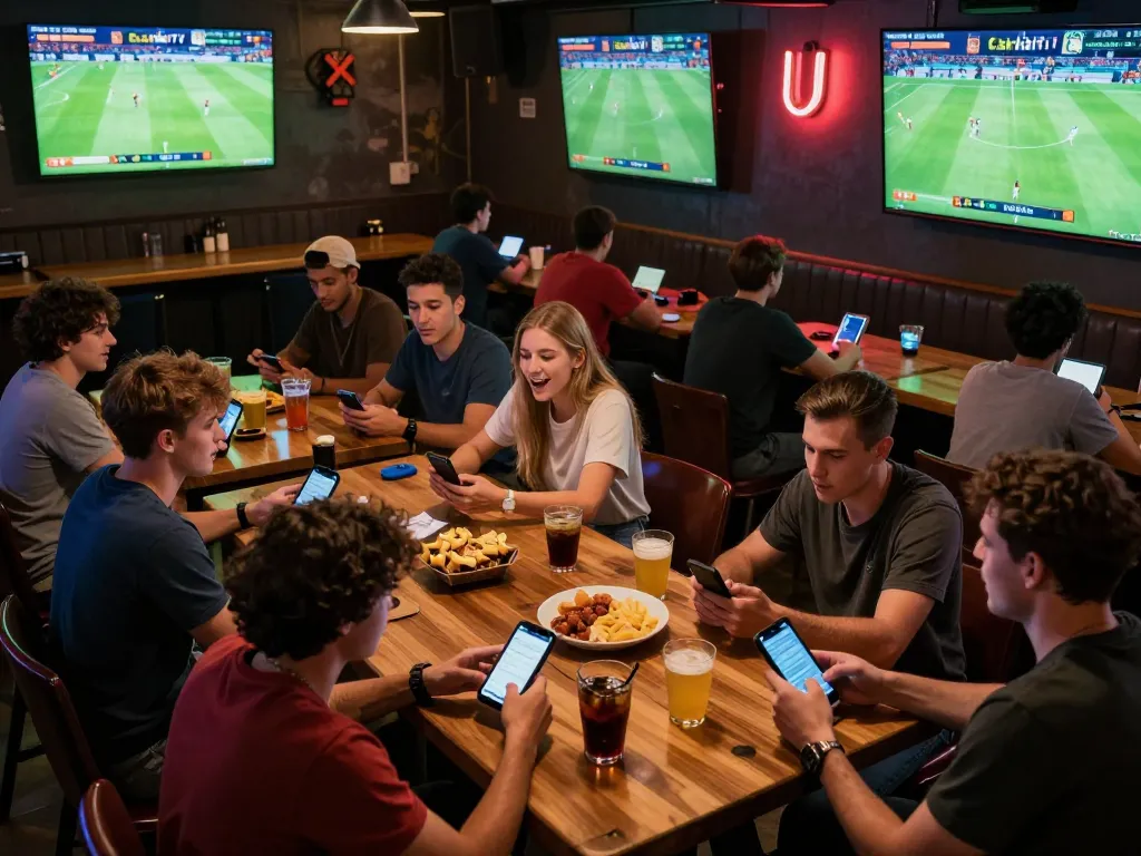 CakhiaTV users enjoying live sports betting action in a lively sports bar.