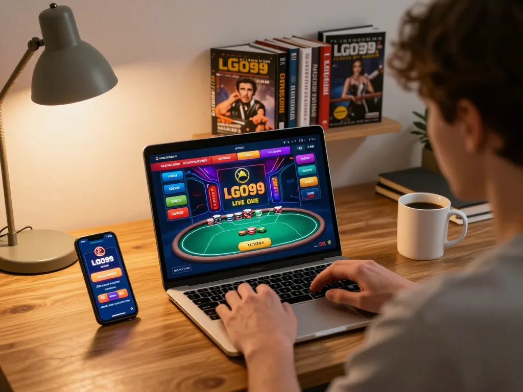 Pemain LGO99 menikmati permainan poker online yang menarik di rumah, menampilkan lingkungan permainan yang mengundang dan strategis.